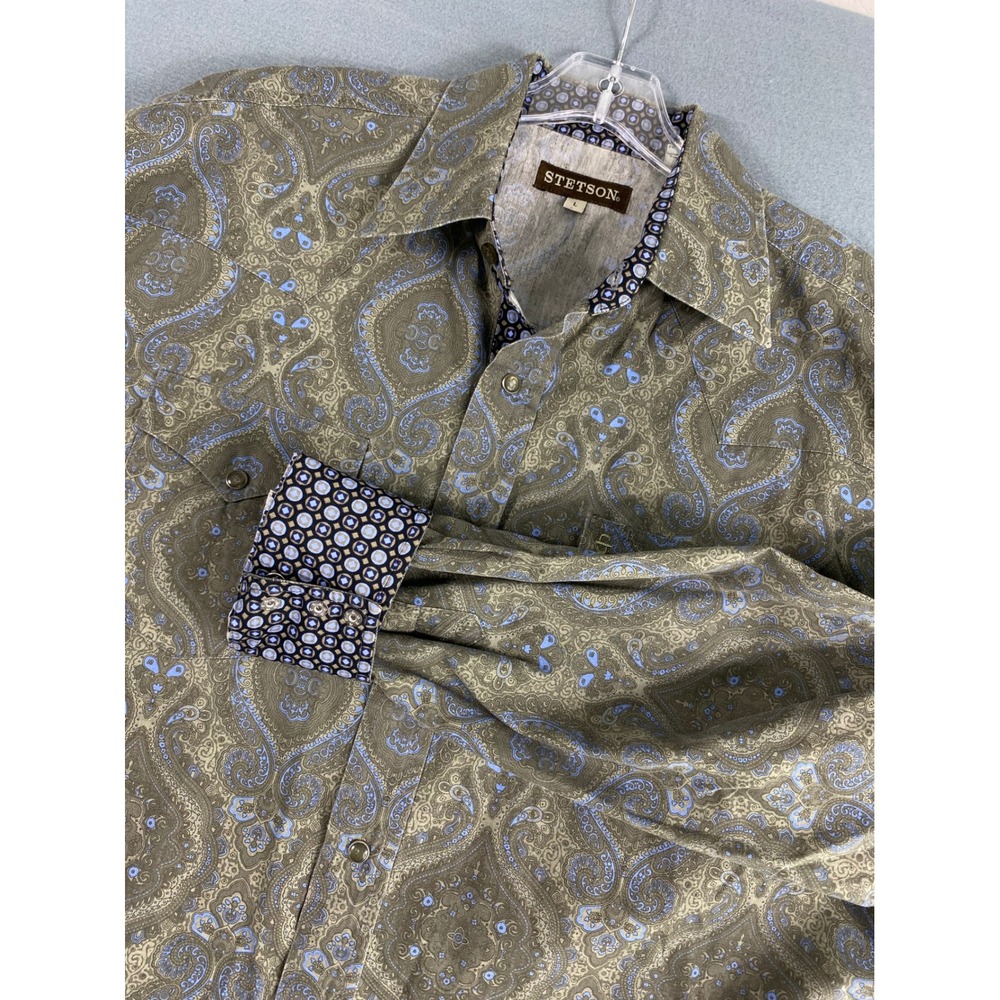 Stetson Western Shirt L Green Blue Paisley Pearl Snap Long Sleeve Flip Cuff